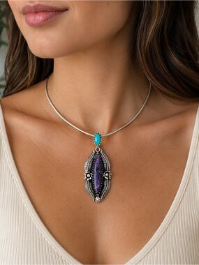 925 Sterling Silver Turquoise and Amethyst Pendant